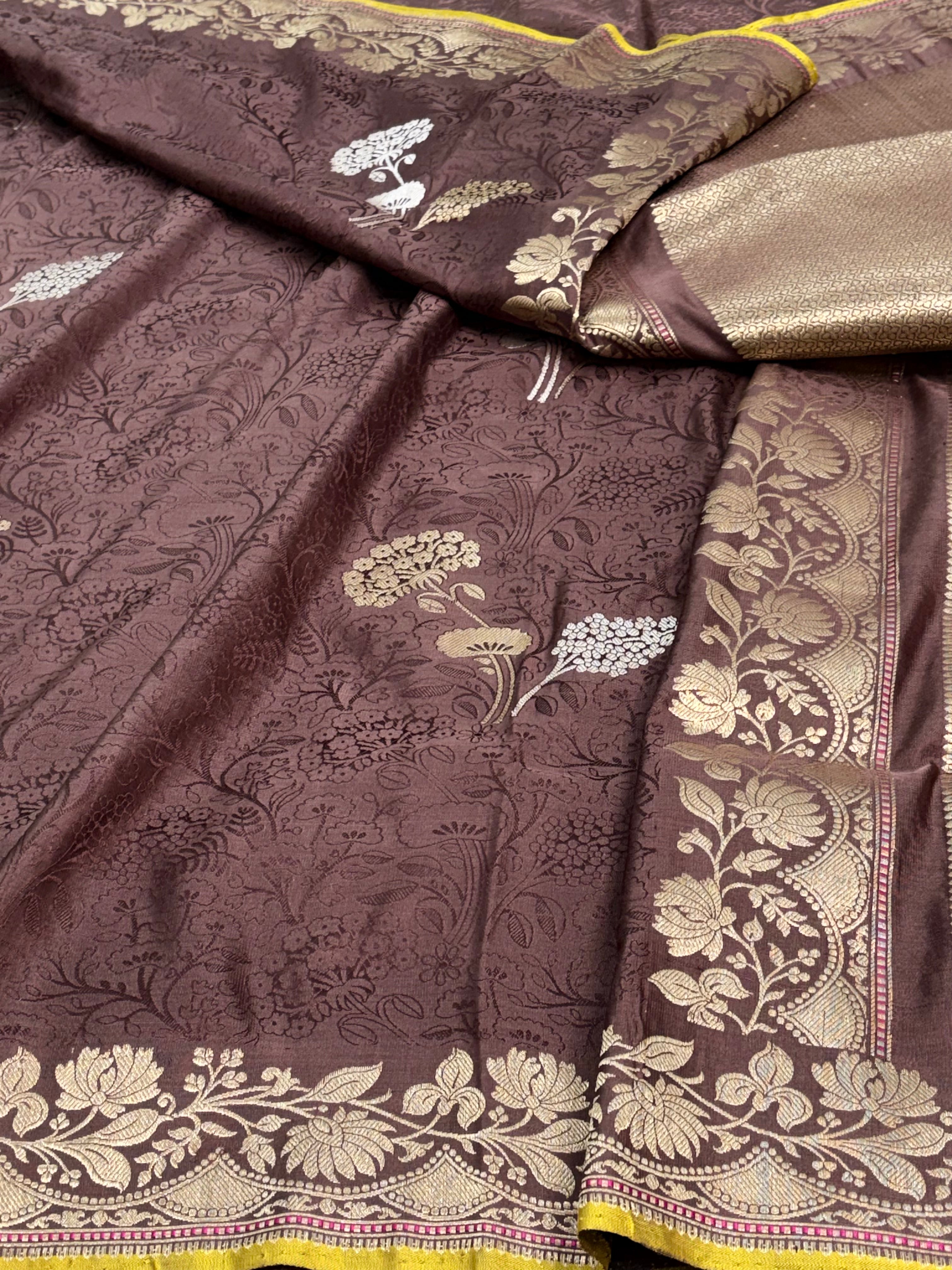 Brown Satin Silk Tanchoi Banarasi Saree with Rupa Sona Border