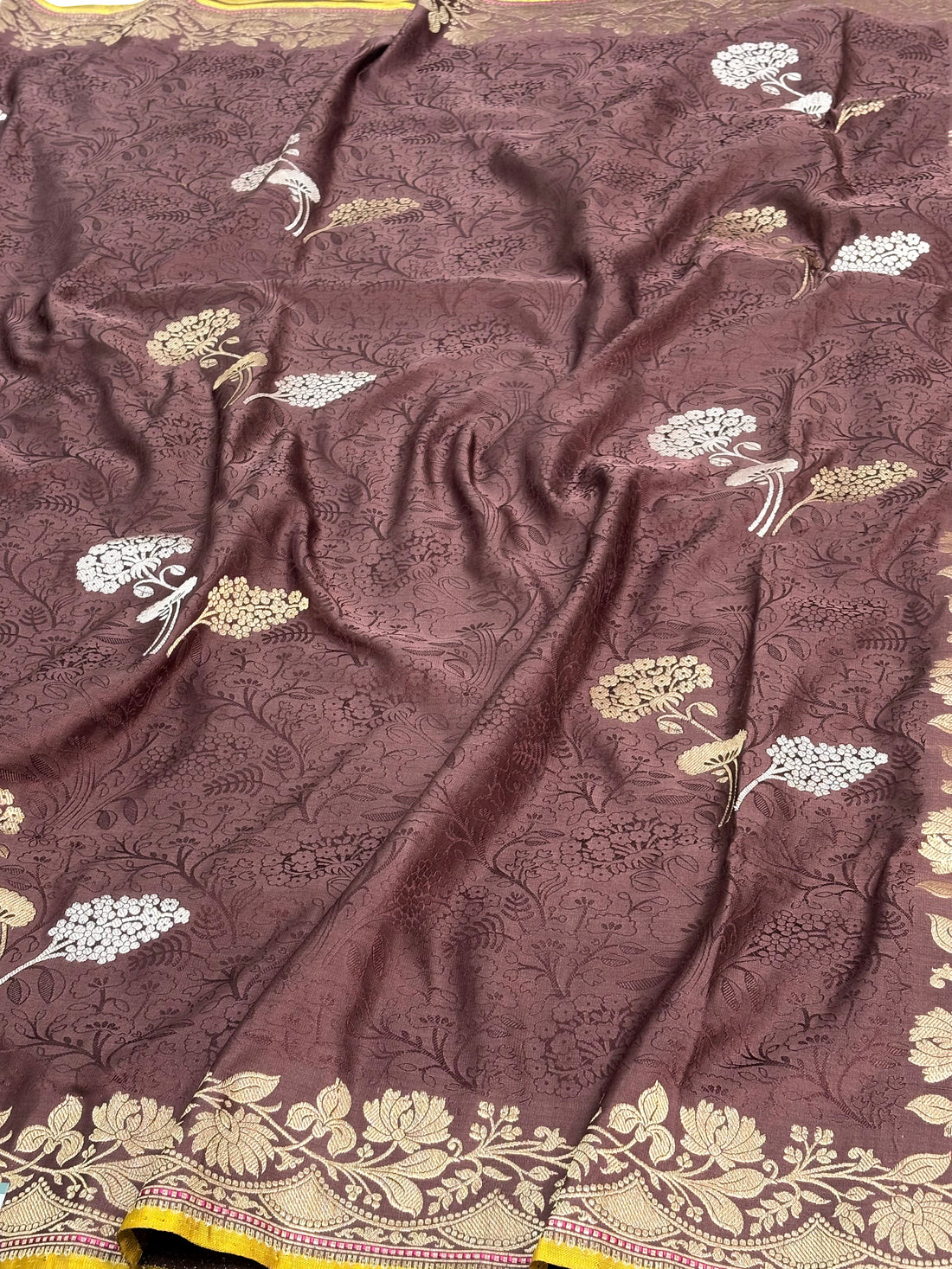 Brown Satin Silk Tanchoi Banarasi Saree with Rupa Sona Border