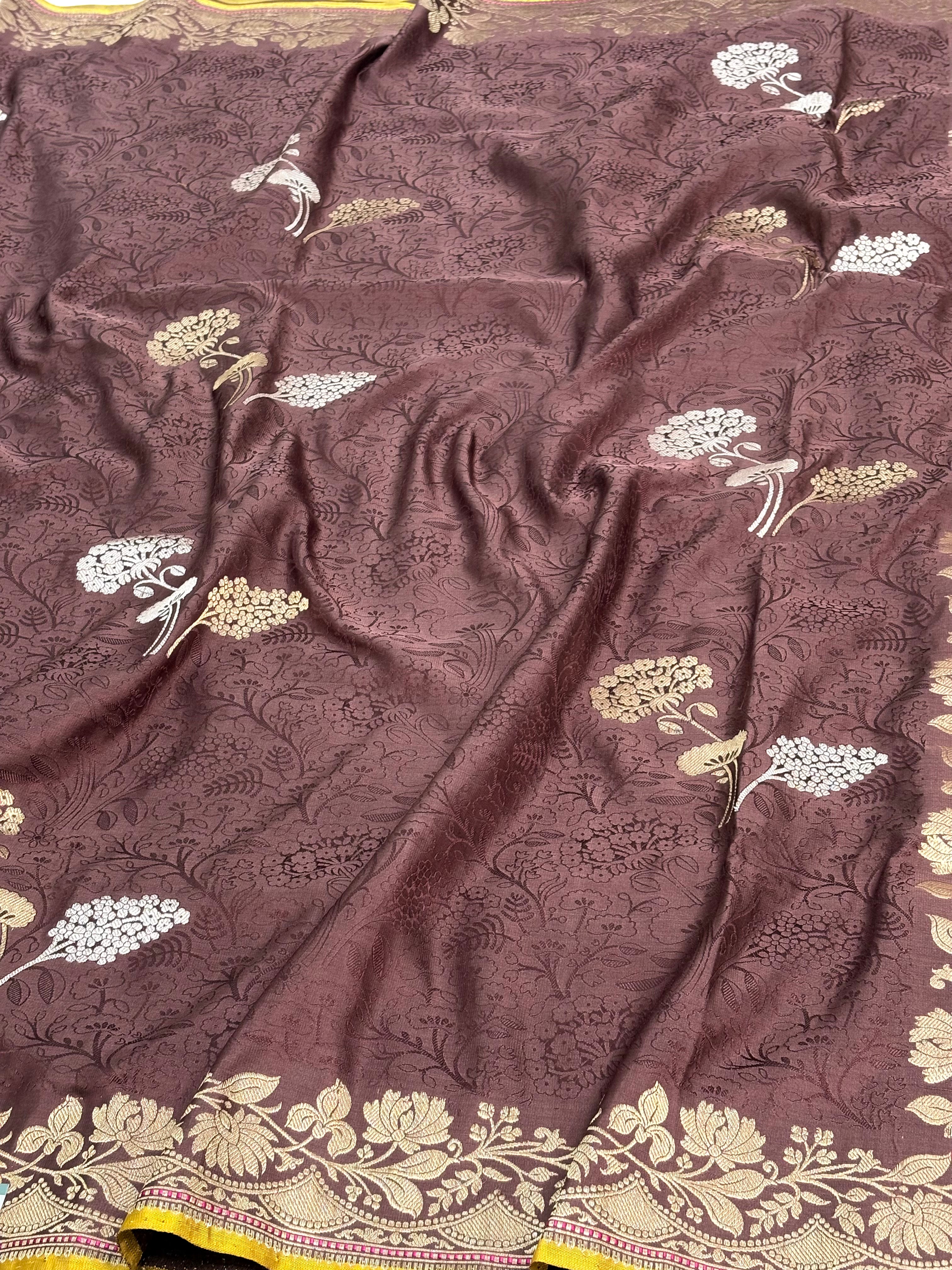 Brown Satin Silk Tanchoi Banarasi Saree with Rupa Sona Border