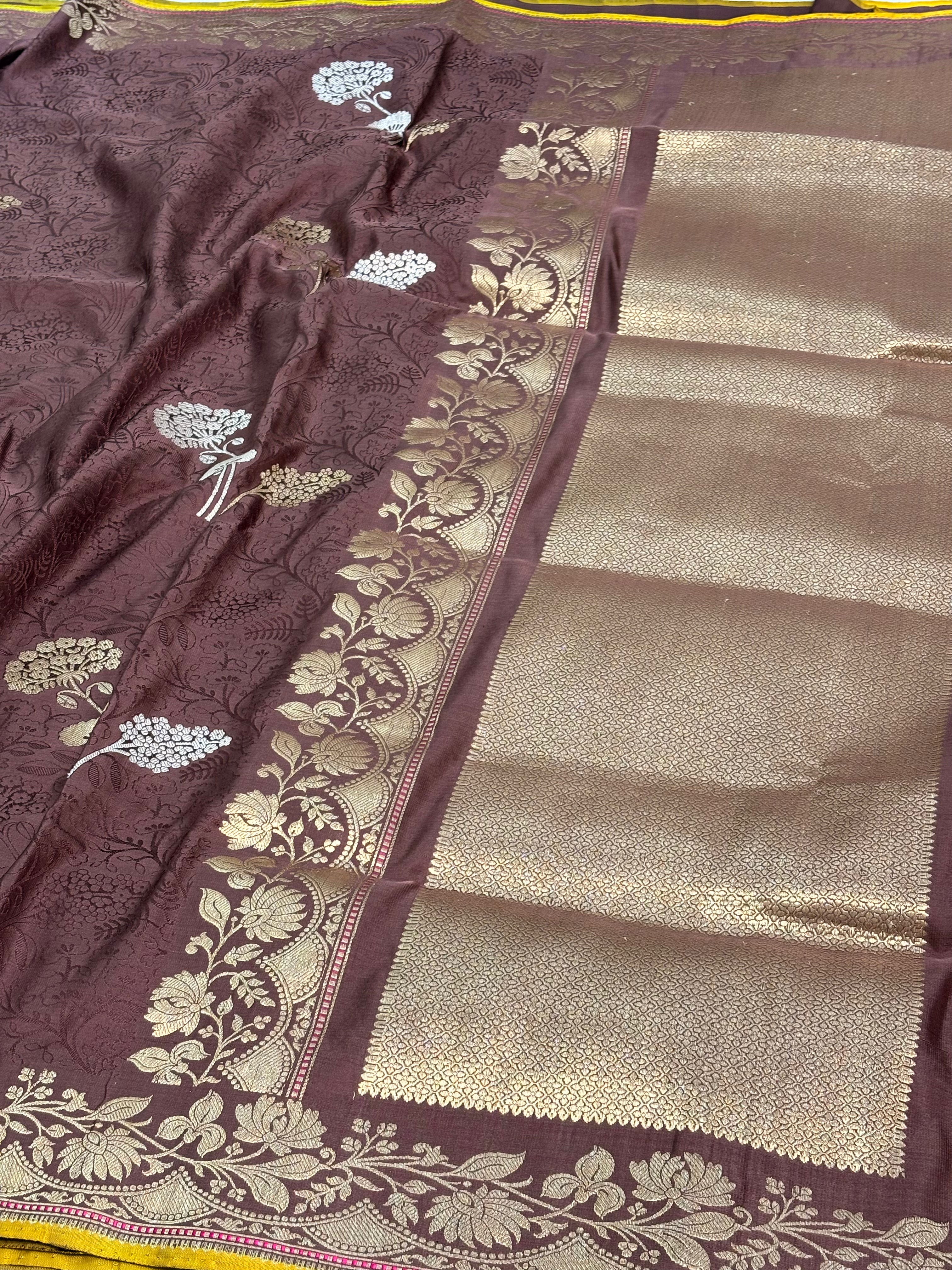 Brown Satin Silk Tanchoi Banarasi Saree with Rupa Sona Border