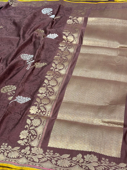 Brown Satin Silk Tanchoi Banarasi Saree with Rupa Sona Border