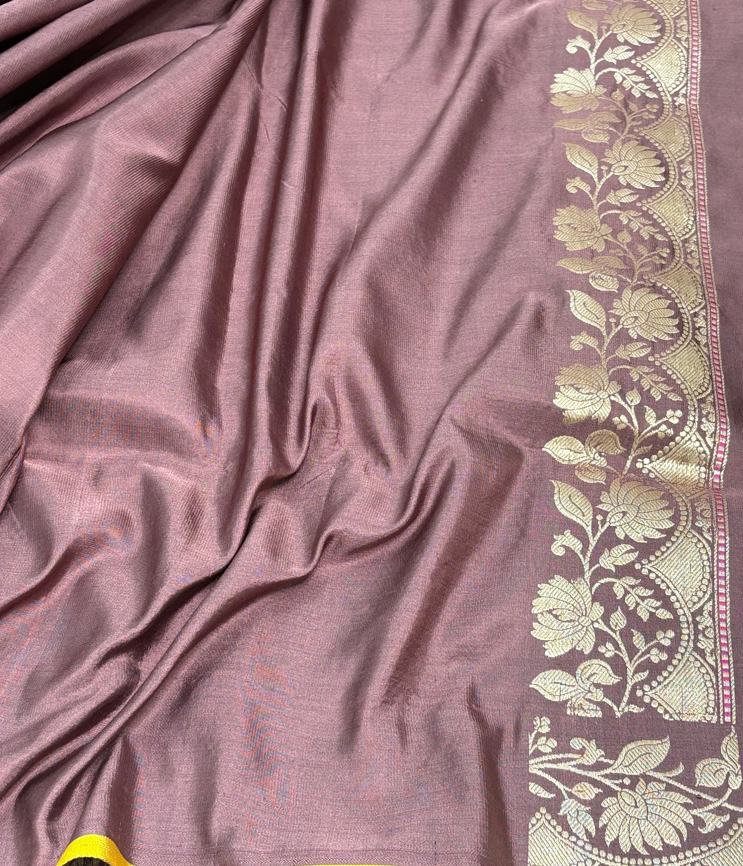 Brown Satin Silk Tanchoi Banarasi Saree with Rupa Sona Border