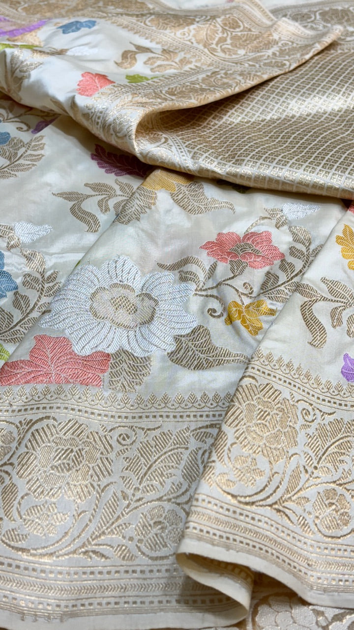 White Pure Banarasi Katan Silk Handloom Saree