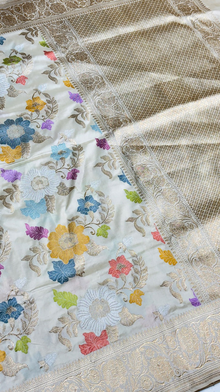 White Pure Banarasi Katan Silk Handloom Saree