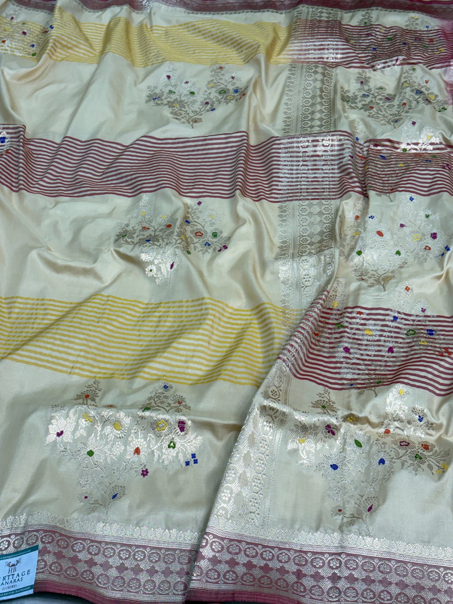 Modern Banarasi Cream Tissue Silk Saree with Red Banarasi Border