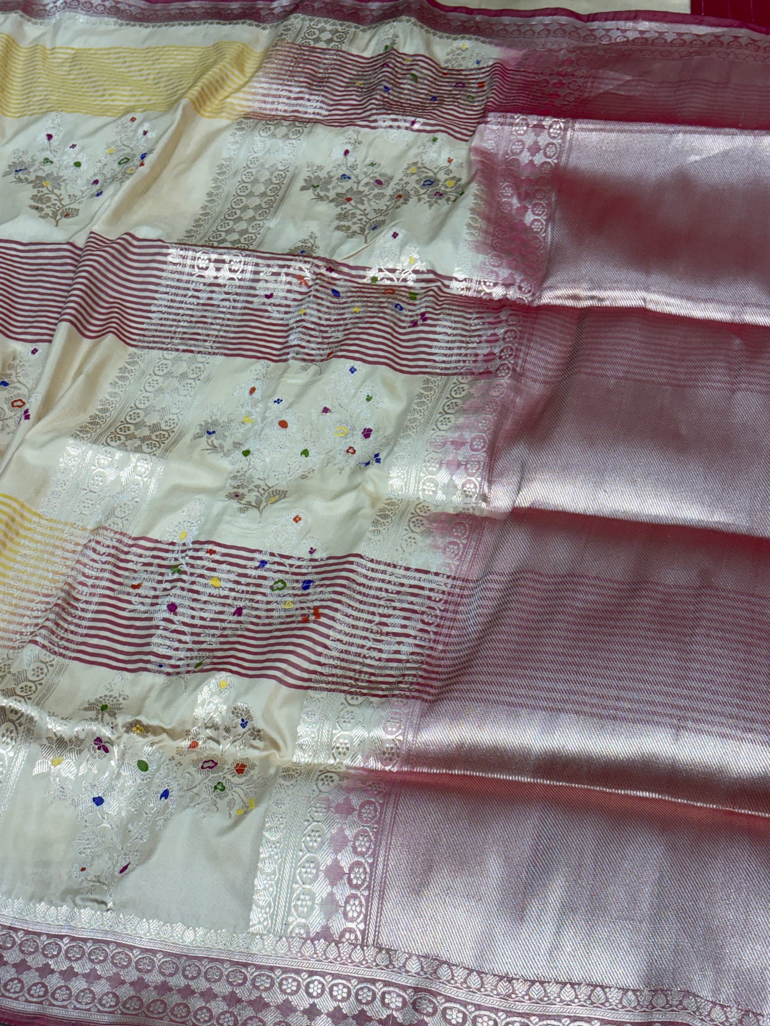 Modern Banarasi Cream Tissue Silk Saree with Red Banarasi Border