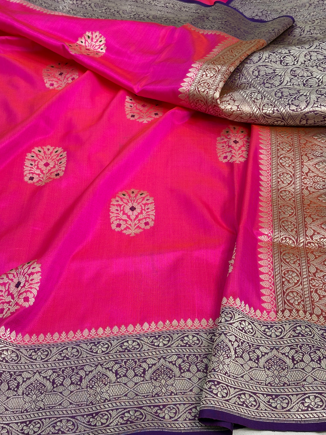 Pink Ektara Pure Katan Silk Banarasi Saree with Purple Katan Silk Border