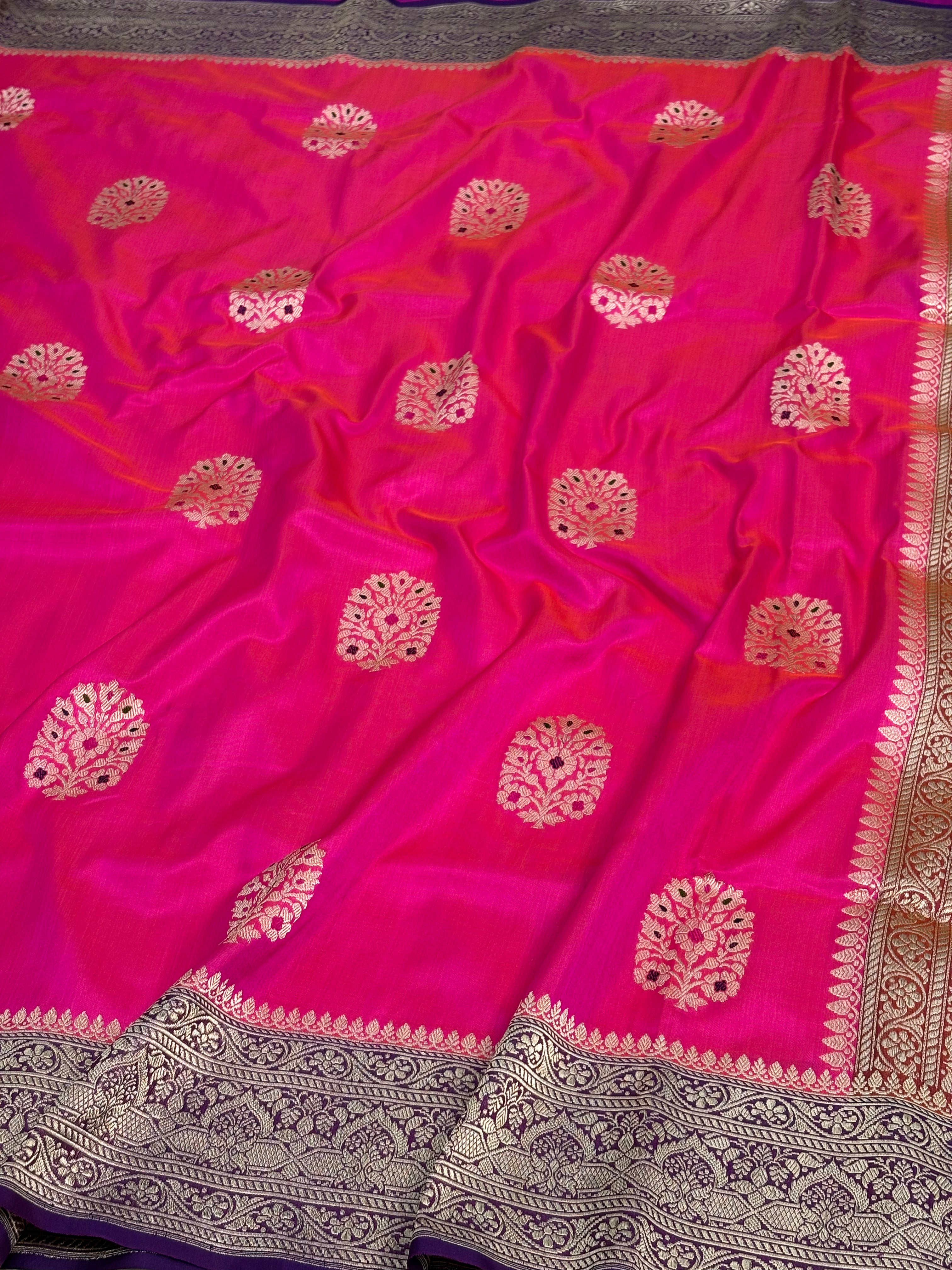 Pink Ektara Pure Katan Silk Banarasi Saree with Purple Katan Silk Border