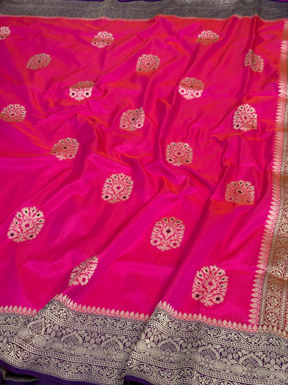 Pink Ektara Pure Katan Silk Banarasi Saree with Purple Katan Silk Border