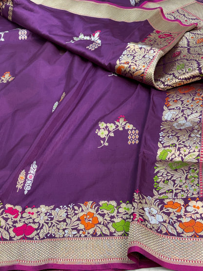 Purple Banarasi Handwoven Pure Katan Silk Saree with Rich Meenakari Border and Pallu