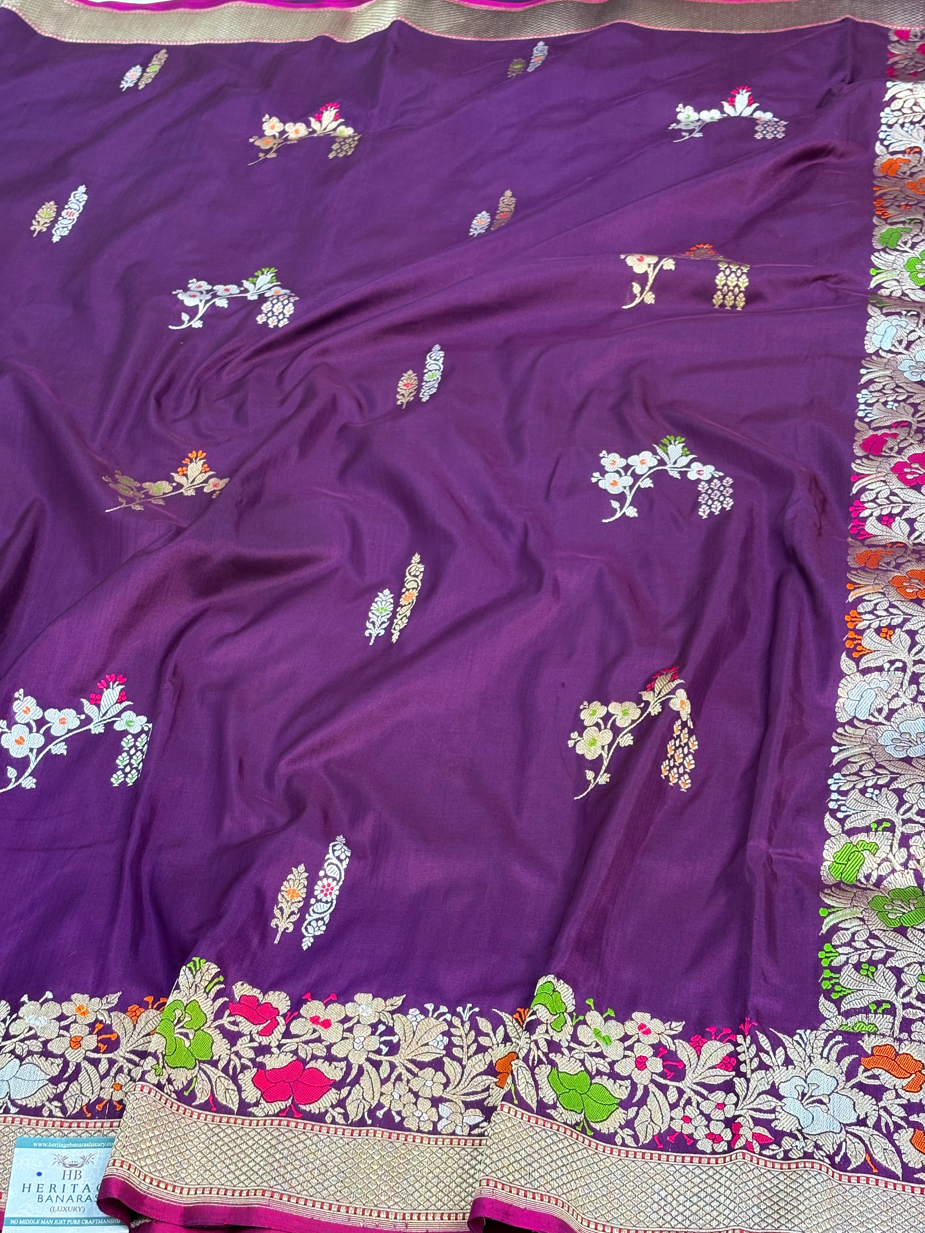 Purple Banarasi Handwoven Pure Katan Silk Saree with Rich Meenakari Border and Pallu