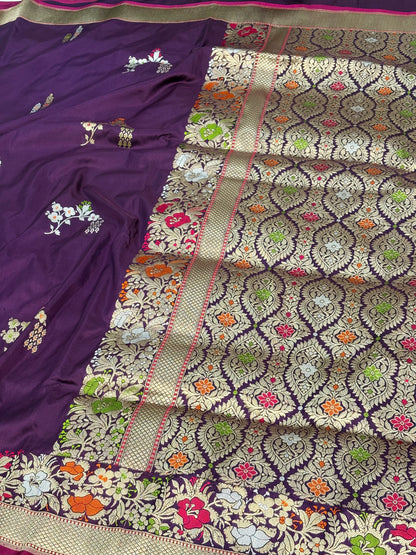 Purple Banarasi Handwoven Pure Katan Silk Saree with Rich Meenakari Border and Pallu