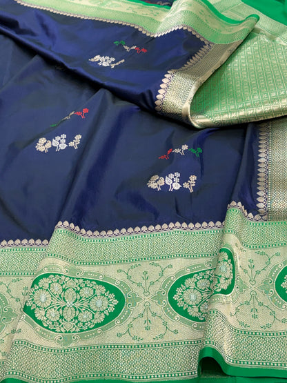 Navy Blue Kadhiyal Banarasi Katan Silk Saree with Parrot Green Katan Silk Border