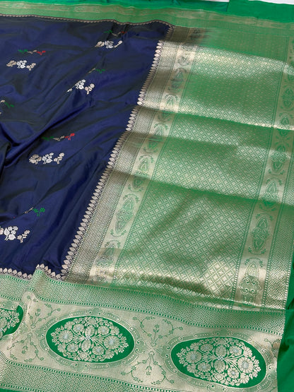 Navy Blue Kadhiyal Banarasi Katan Silk Saree with Parrot Green Katan Silk Border