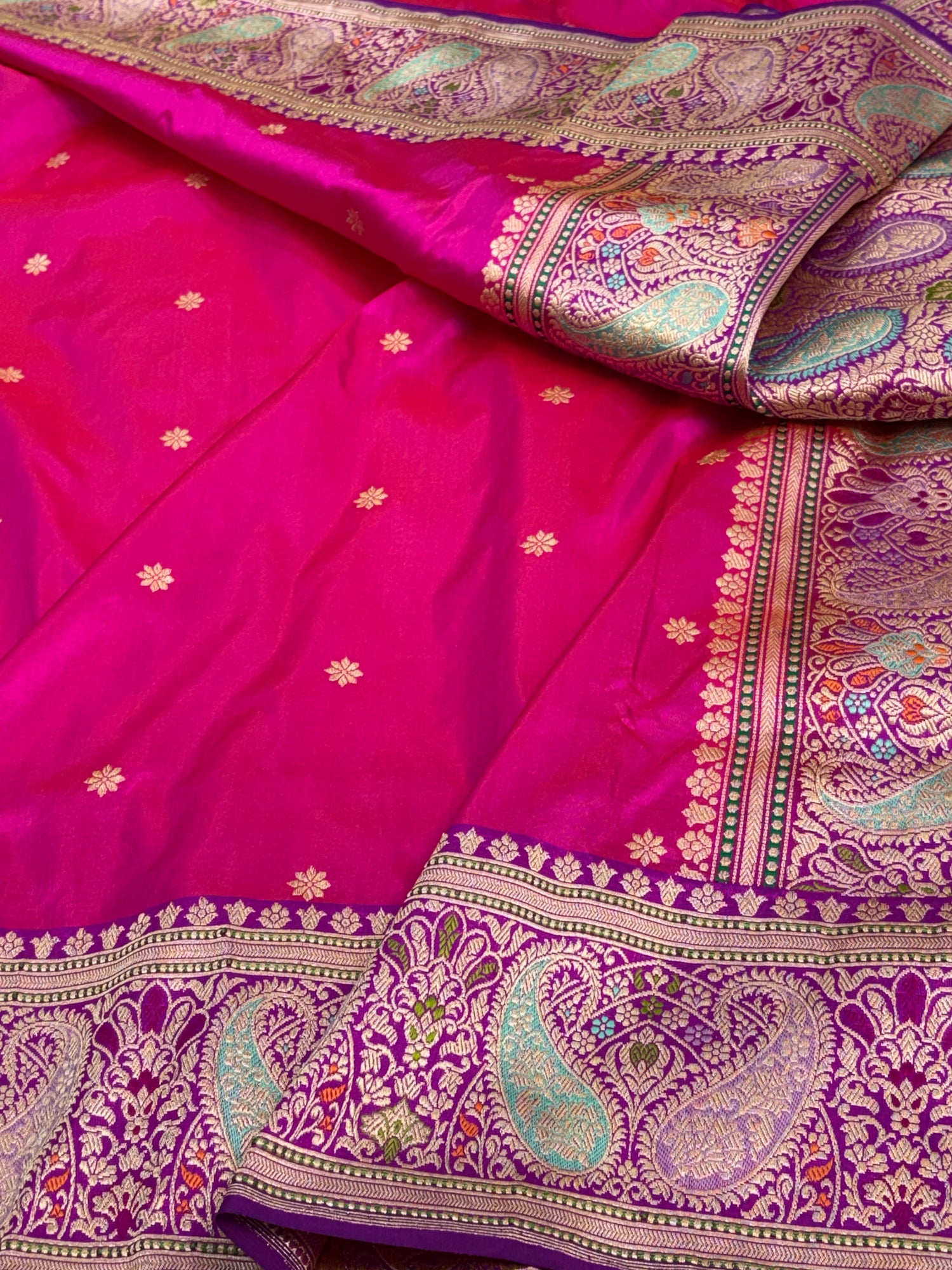 Pink Traditional Banarasi Katan Silk Saree with Paisley Meenakari Border and Pallu