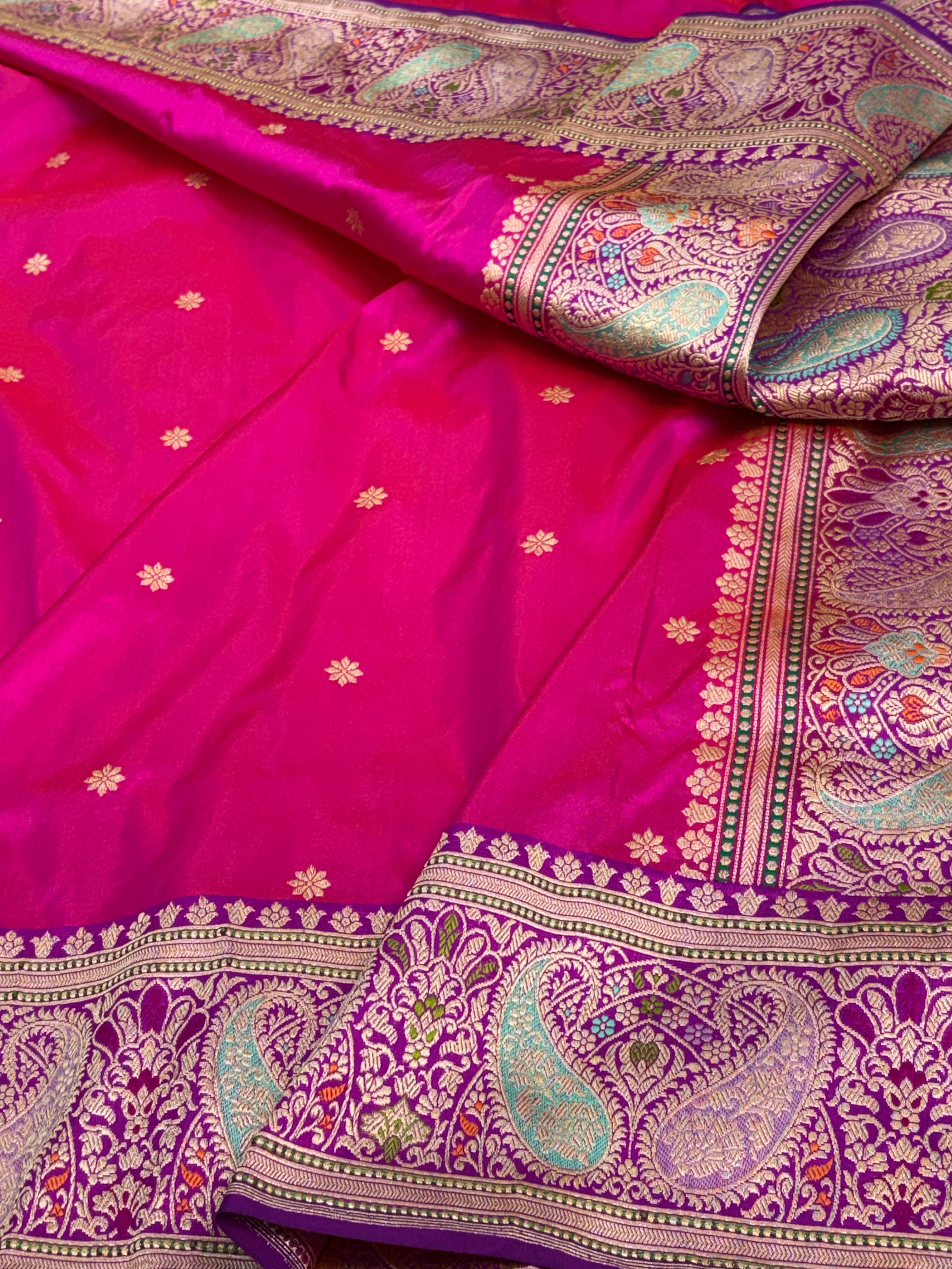 Pink Traditional Banarasi Katan Silk Saree with Paisley Meenakari Border and Pallu