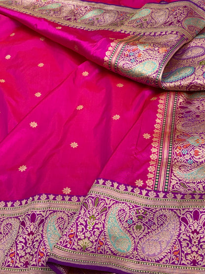 Pink Traditional Banarasi Katan Silk Saree with Paisley Meenakari Border and Pallu
