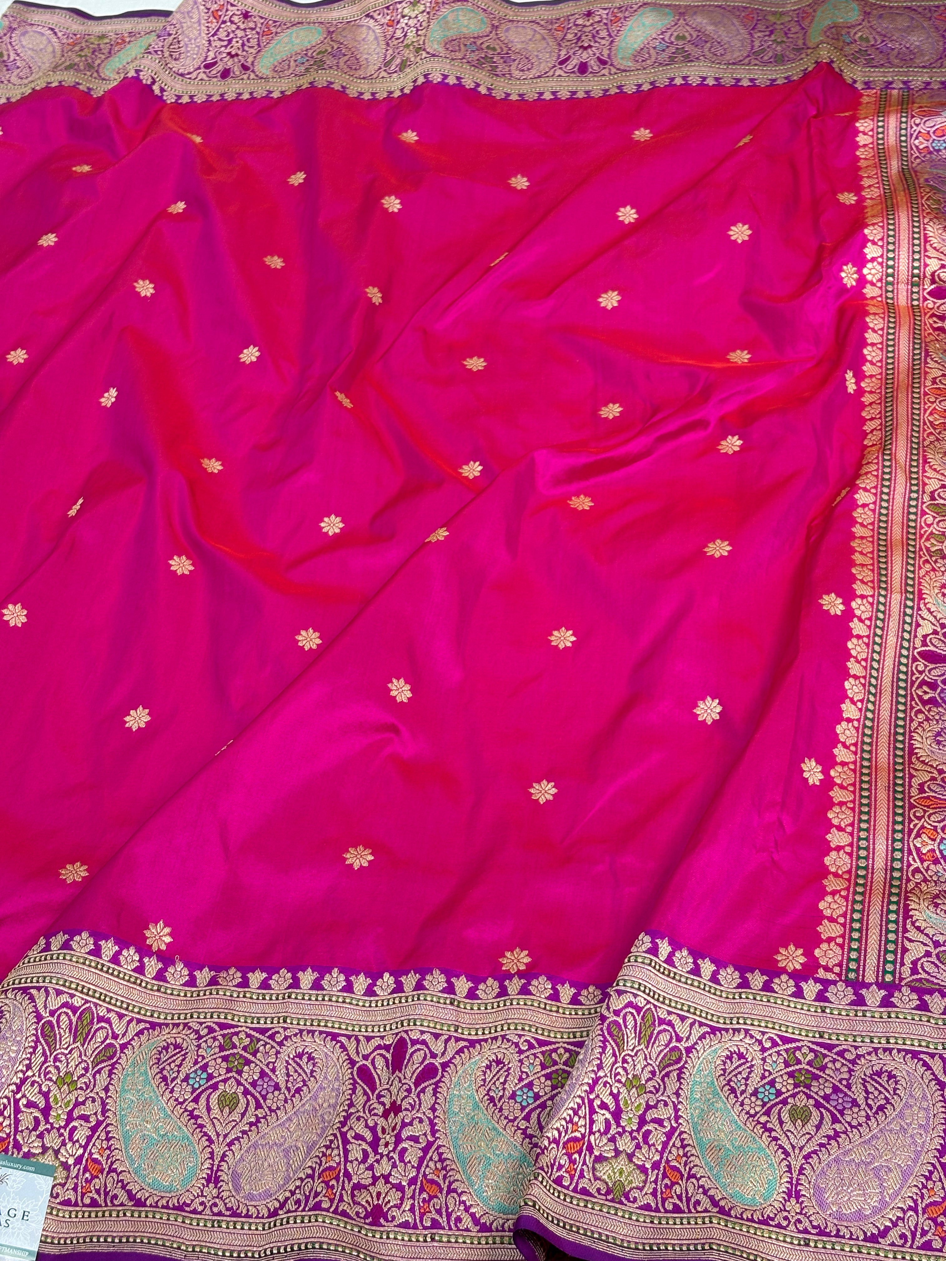 Pink Traditional Banarasi Katan Silk Saree with Paisley Meenakari Border and Pallu