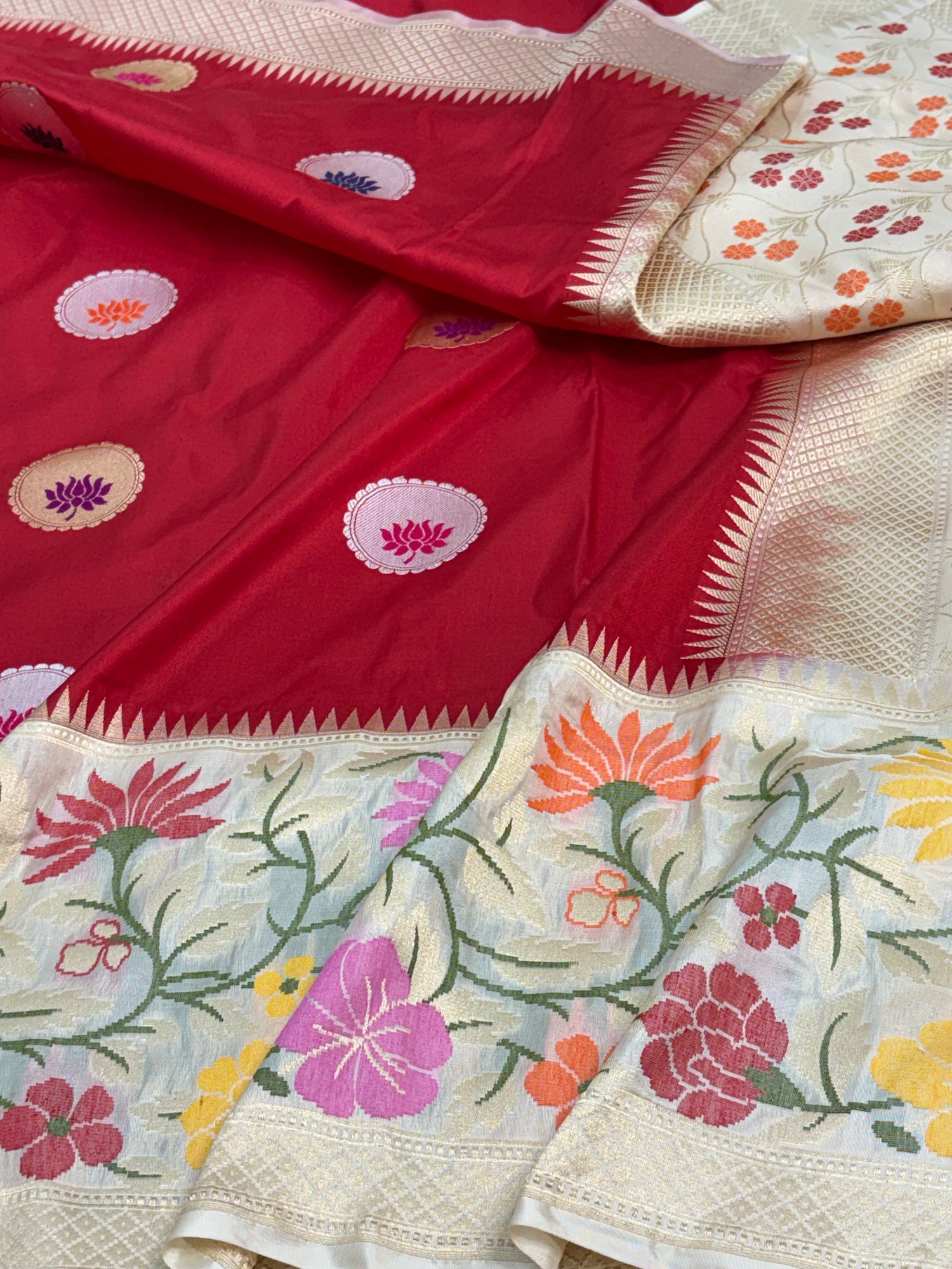 Red Kadhiyal Banarasi Katan Silk Saree with Meenakari White Katan Silk