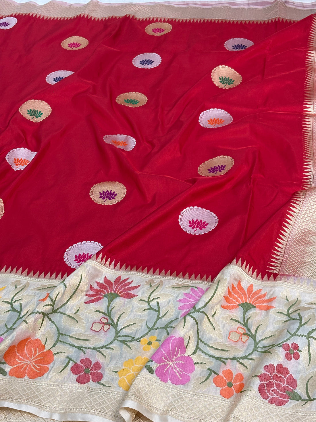 Red Kadhiyal Banarasi Katan Silk Saree with Meenakari White Katan Silk