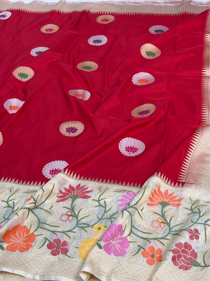 Red Kadhiyal Banarasi Katan Silk Saree with Meenakari White Katan Silk