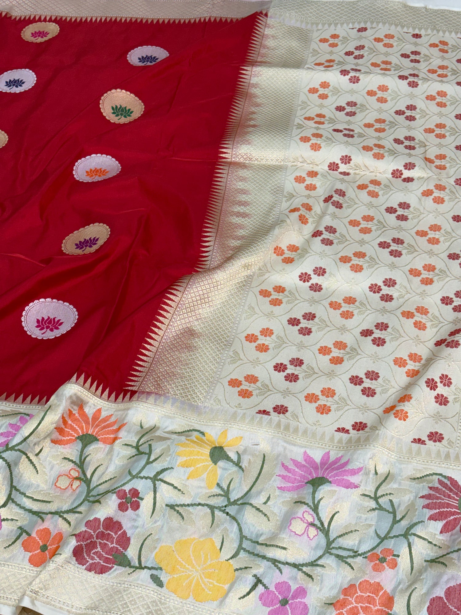 Red Kadhiyal Banarasi Katan Silk Saree with Meenakari White Katan Silk