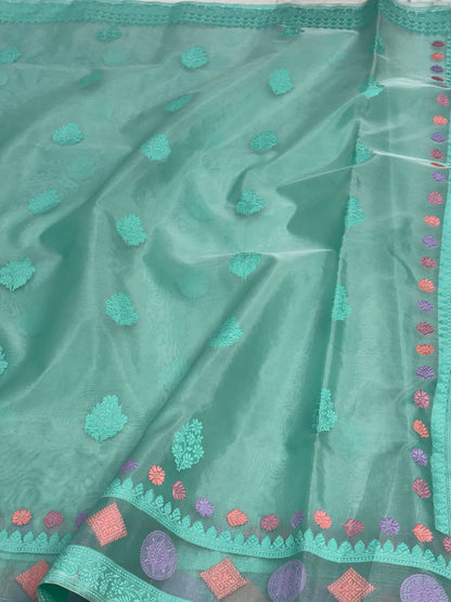 Handwoven Pure Kora Ektara Banarasi Saree with Traditional Resham Border