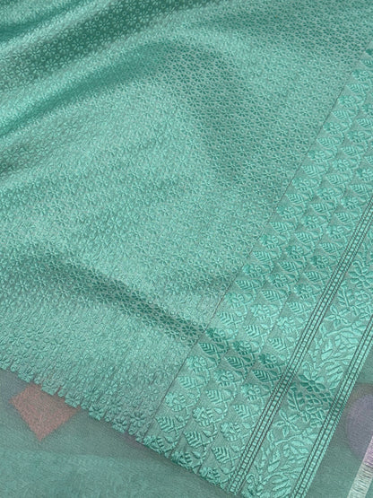 Handwoven Pure Kora Ektara Banarasi Saree with Traditional Resham Border