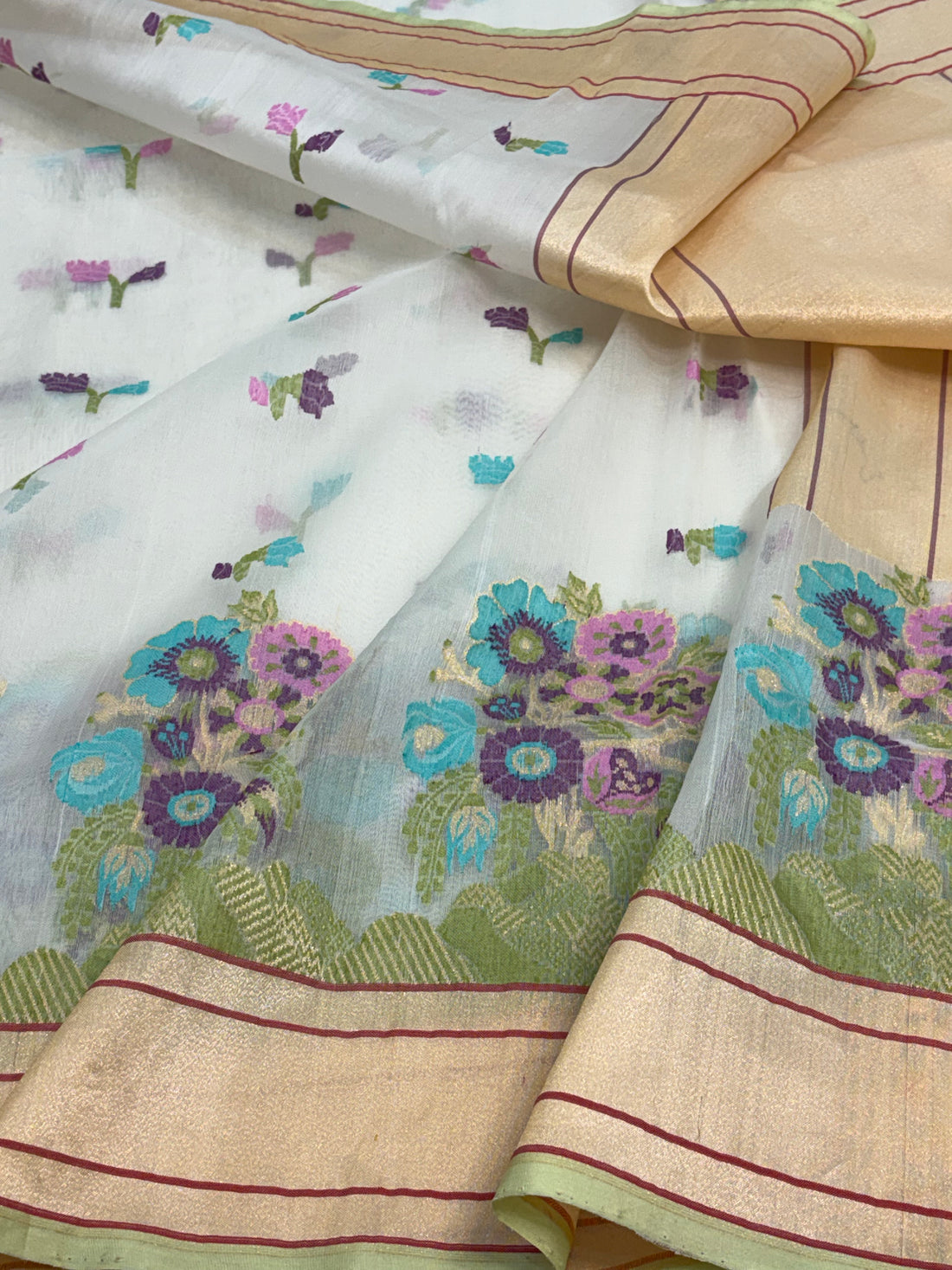 Handwoven Pure Kora Ektara White Sitabari Jamdani Saree