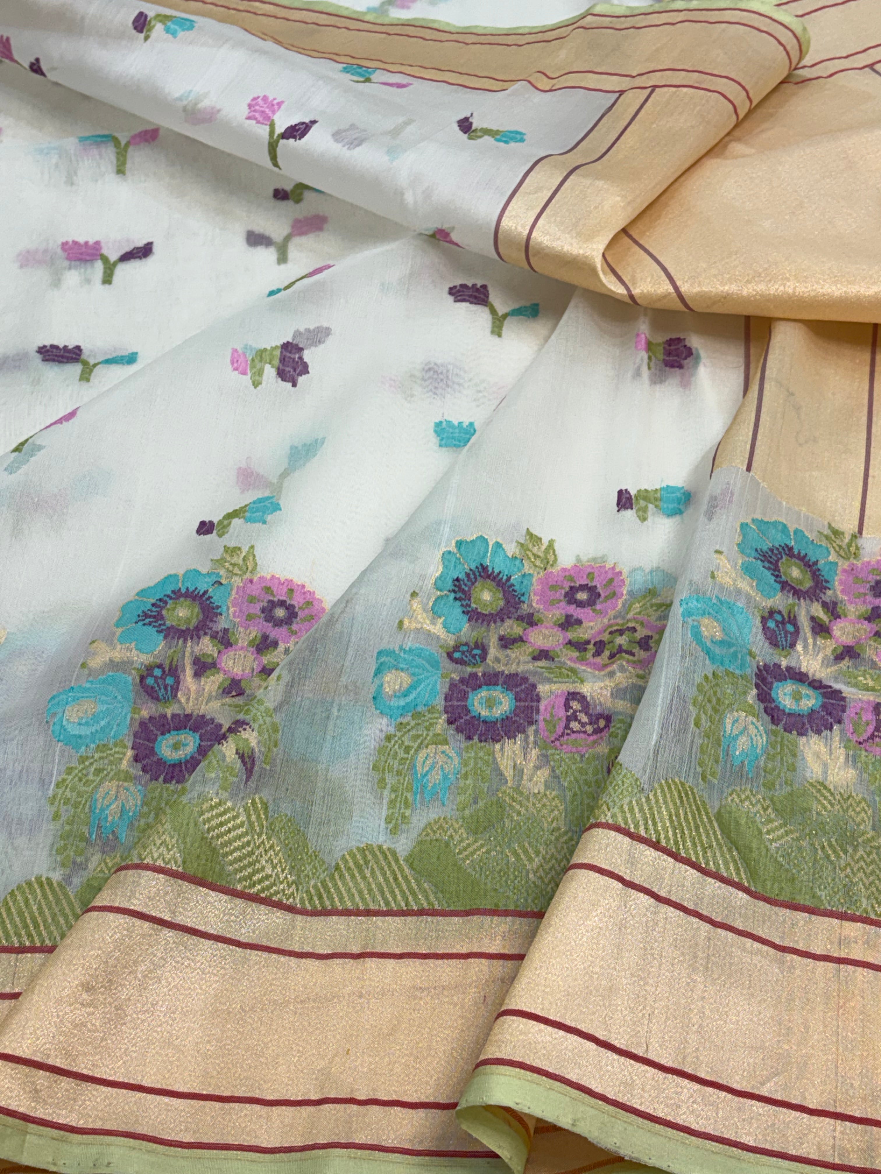 Handwoven Pure Kora Ektara White Sitabari Jamdani Saree