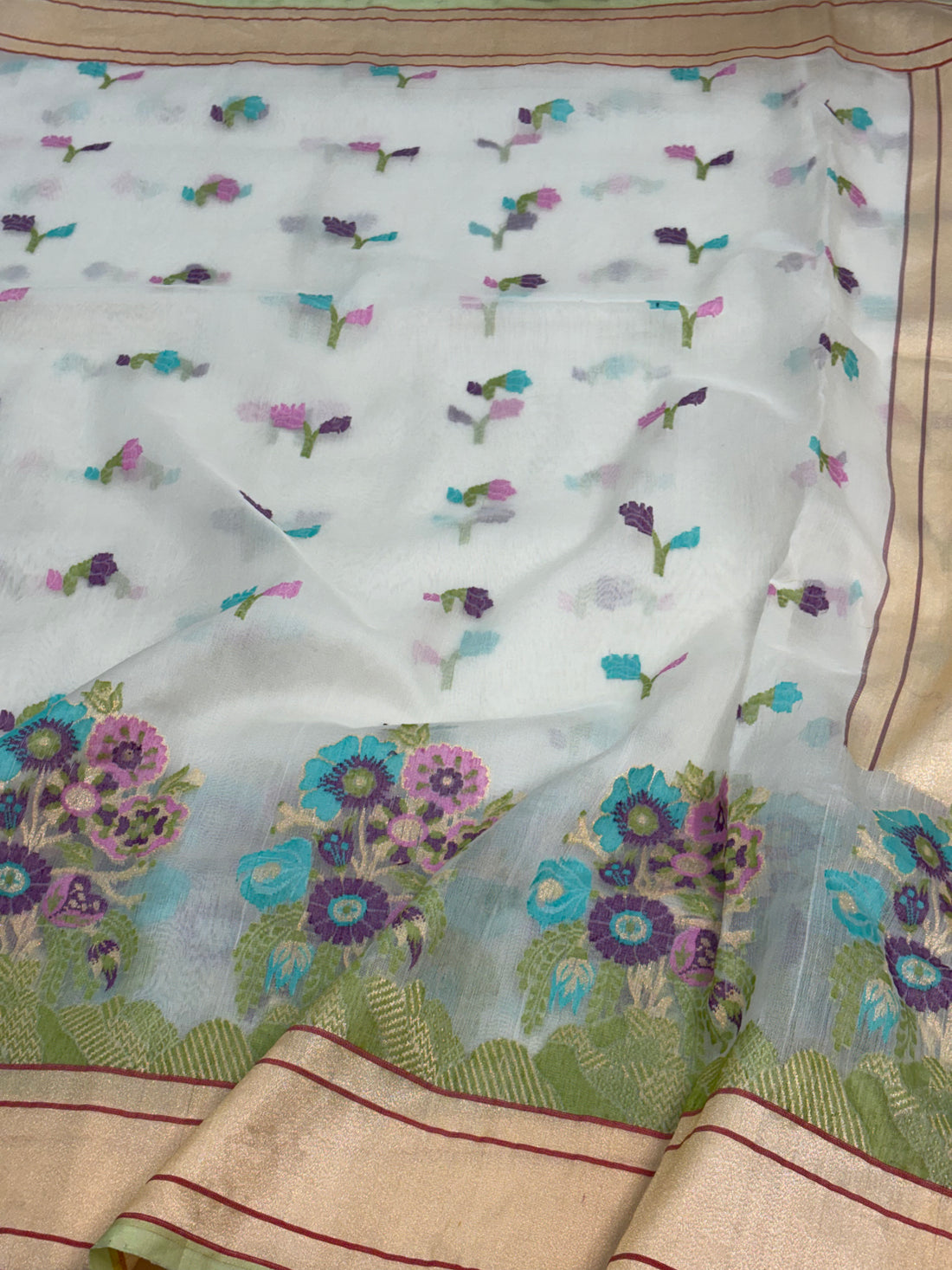 Handwoven Pure Kora Ektara White Sitabari Jamdani Saree