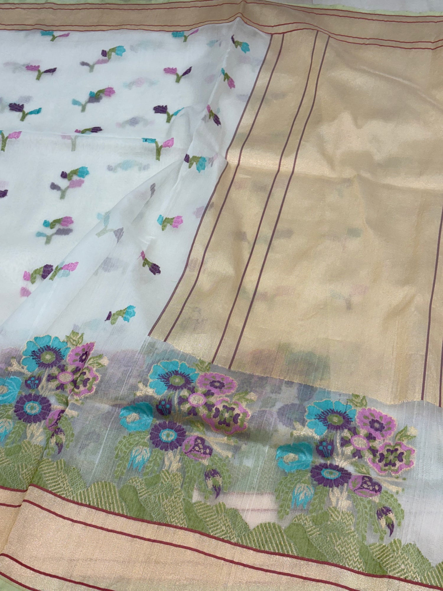Handwoven Pure Kora Ektara White Sitabari Jamdani Saree