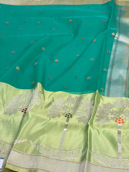 Teal Blue Kora Organza Kadhiyal Banarasi Saree with Artistic Meenakari Border