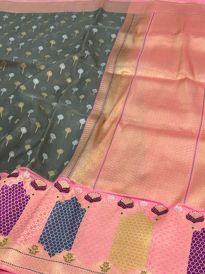 Pure Kora Ektara Jamdani Banarasi Saree with Pink Kadhiyal Rangkat Border