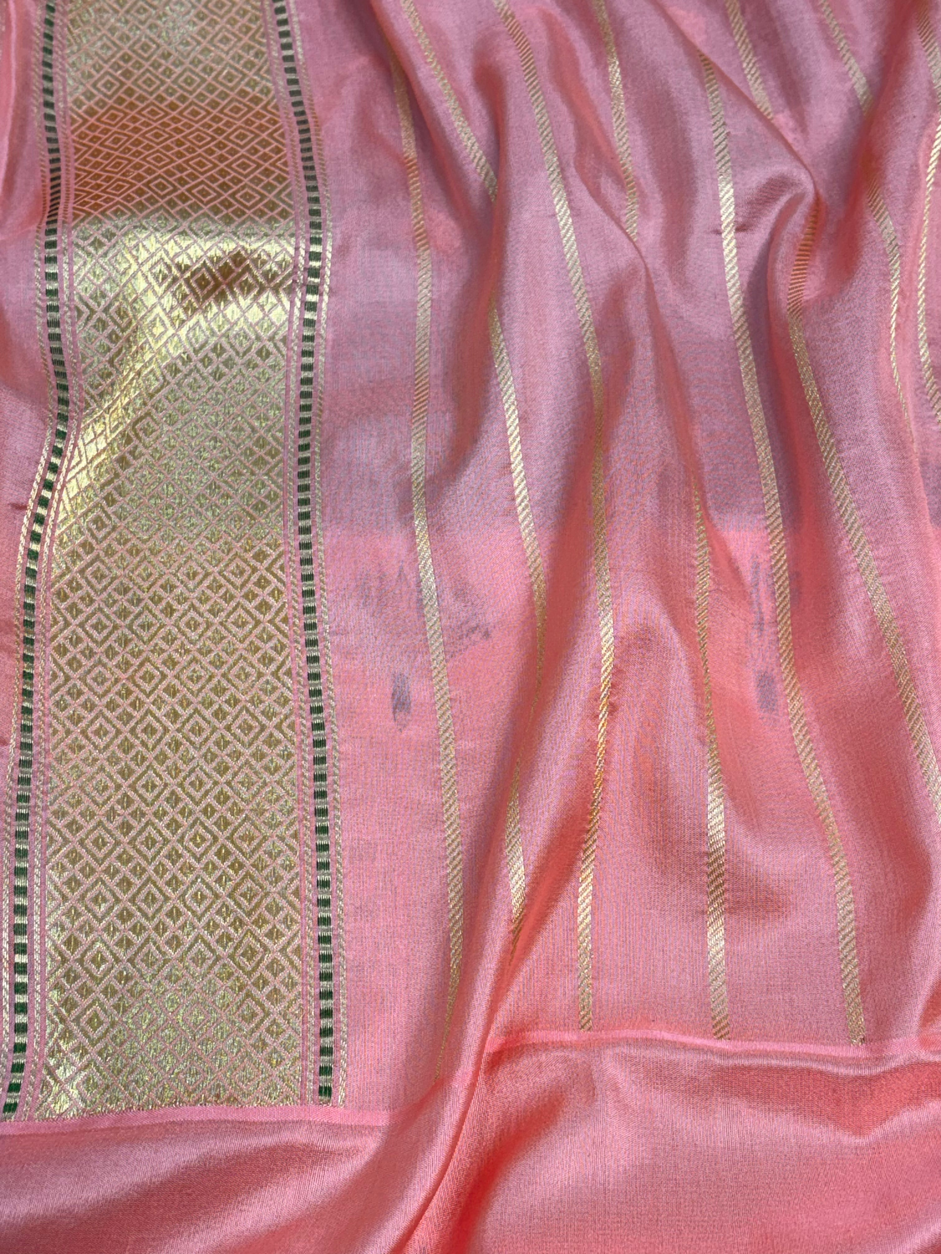 Pure Kora Ektara Jamdani Banarasi Saree with Pink Kadhiyal Rangkat Border