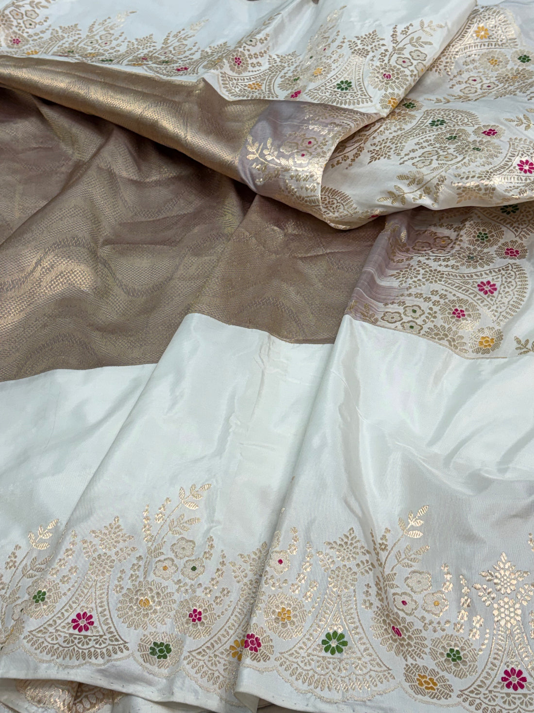 Ivory Modern Handloom Banarasi Brocade Saree with Kadhiyal Meenakari Floral Border