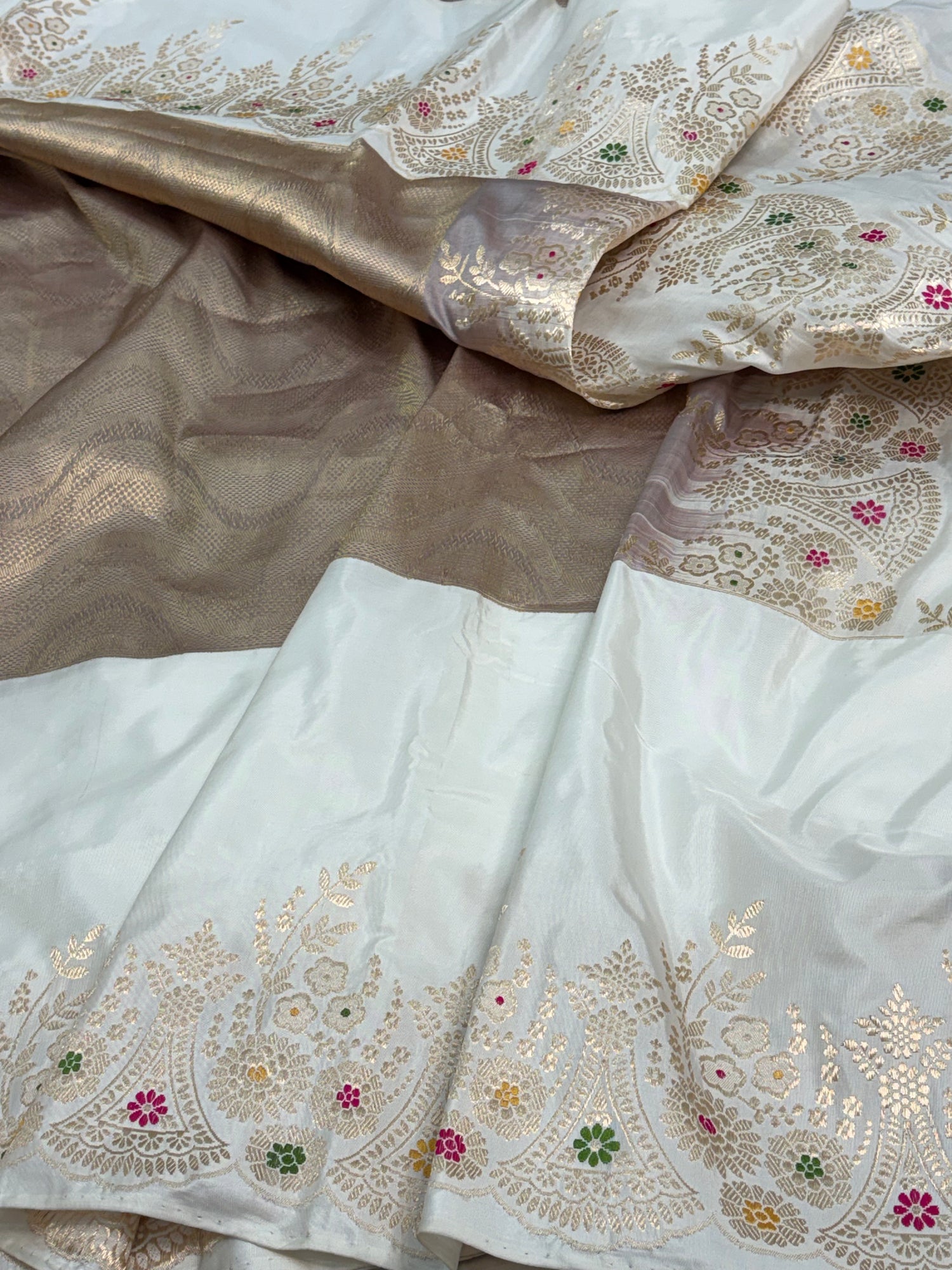 Ivory Modern Handloom Banarasi Brocade Saree with Kadhiyal Meenakari Floral Border
