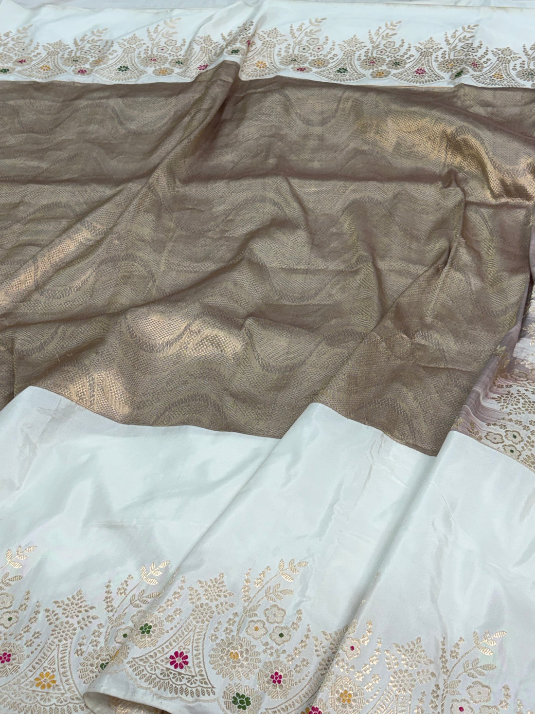 Ivory Modern Handloom Banarasi Brocade Saree with Kadhiyal Meenakari Floral Border