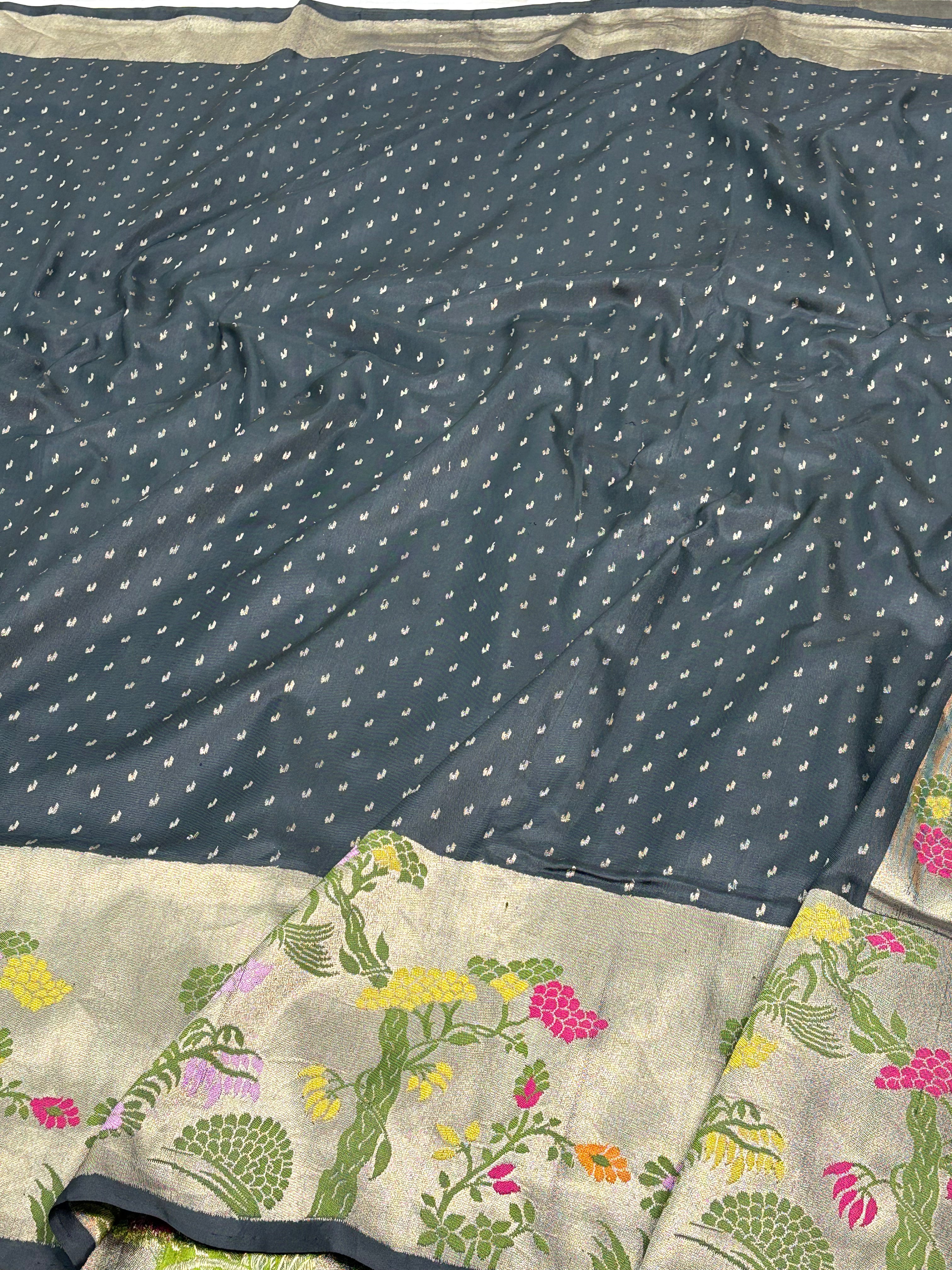 Steel Blue Handwoven Ektara Banarasi Pure Katan Silk Saree