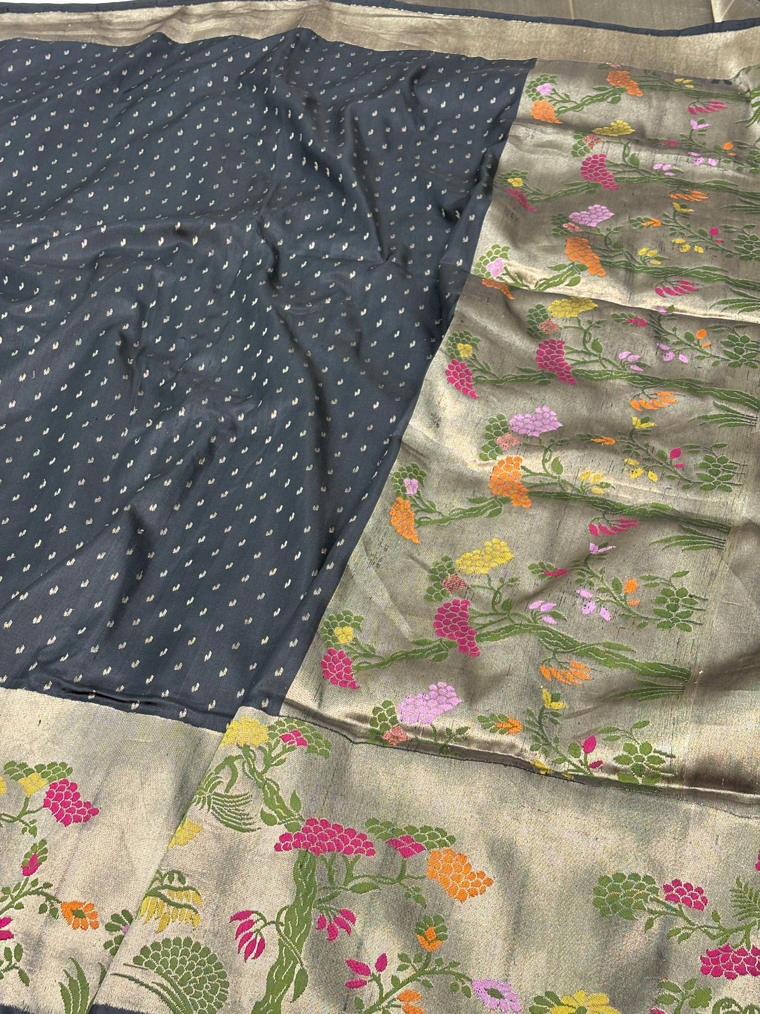 Steel Blue Handwoven Ektara Banarasi Pure Katan Silk Saree