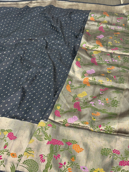 Steel Blue Handwoven Ektara Banarasi Pure Katan Silk Saree