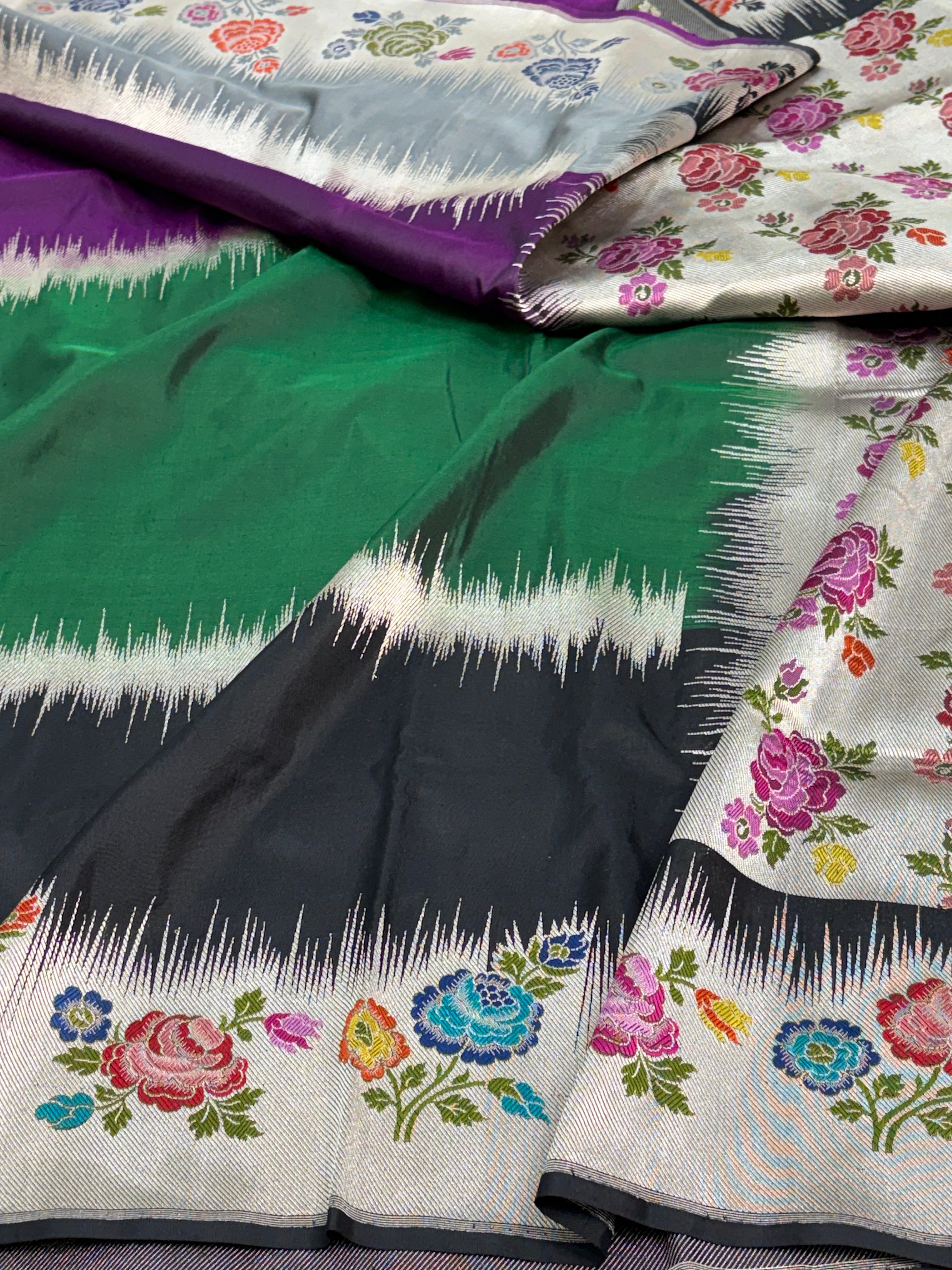 Modern Handwoven Multicolour Rangkat Saree with Meenakari Gulab Buta Border and Pallu