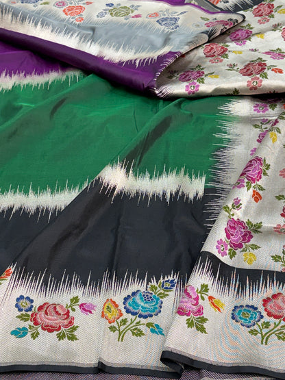 Modern Handwoven Multicolour Rangkat Saree with Meenakari Gulab Buta Border and Pallu