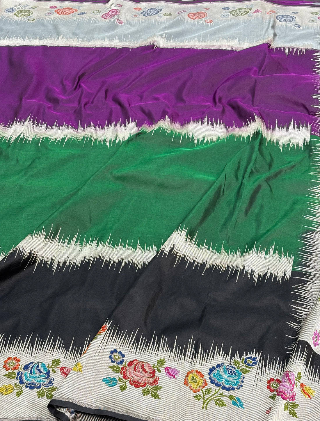 Modern Handwoven Multicolour Rangkat Saree with Meenakari Gulab Buta Border and Pallu