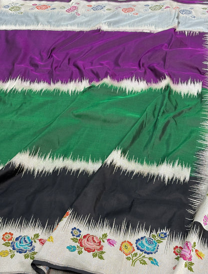 Modern Handwoven Multicolour Rangkat Saree with Meenakari Gulab Buta Border and Pallu