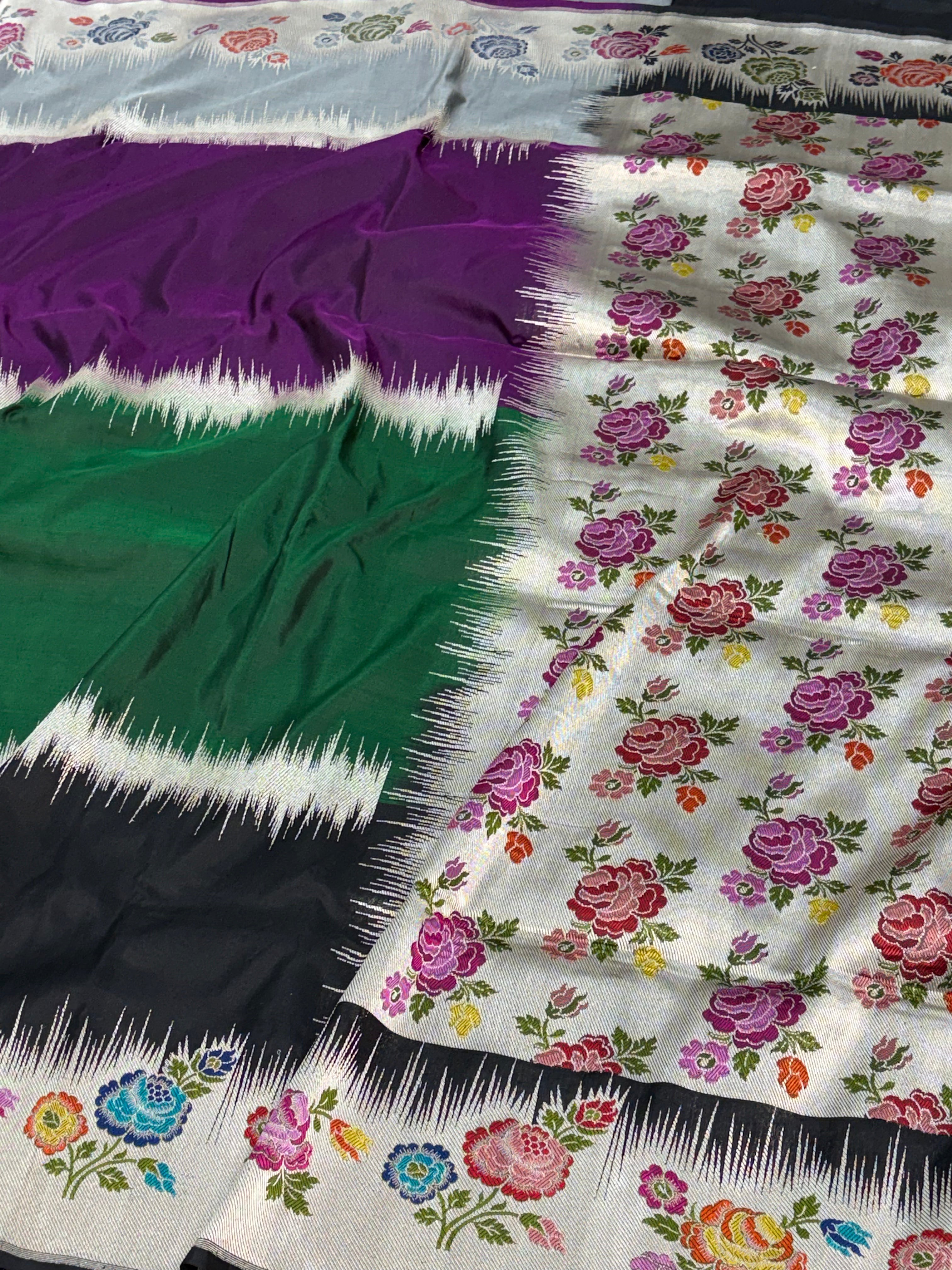 Modern Handwoven Multicolour Rangkat Saree with Meenakari Gulab Buta Border and Pallu