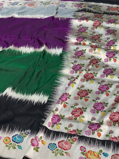 Modern Handwoven Multicolour Rangkat Saree with Meenakari Gulab Buta Border and Pallu