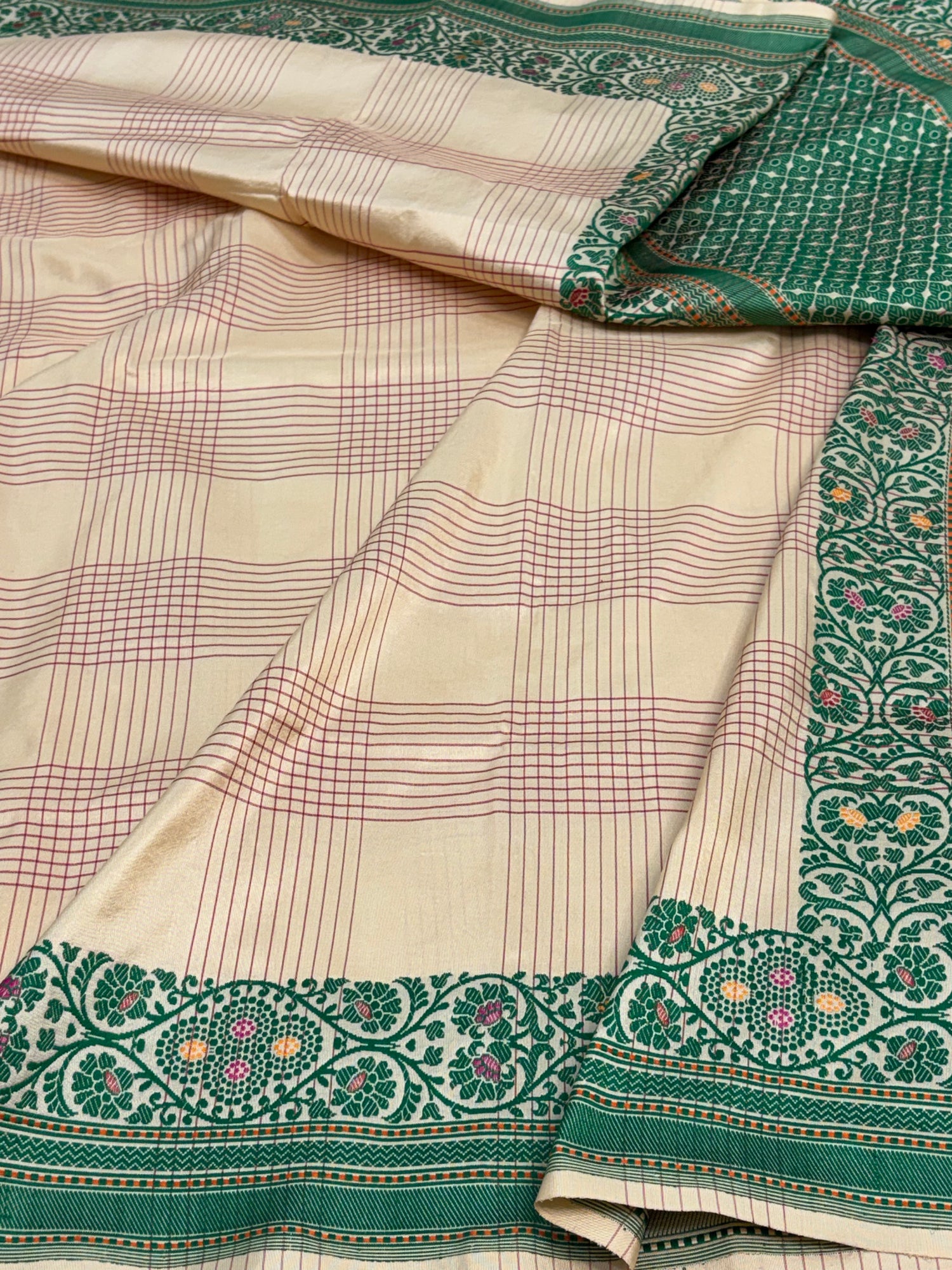 Ivory Handwoven Modern Checks Banarasi Katan Silk Saree with Resham Zari Katan Border