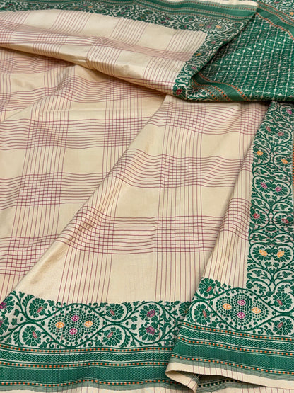 Ivory Handwoven Modern Checks Banarasi Katan Silk Saree with Resham Zari Katan Border
