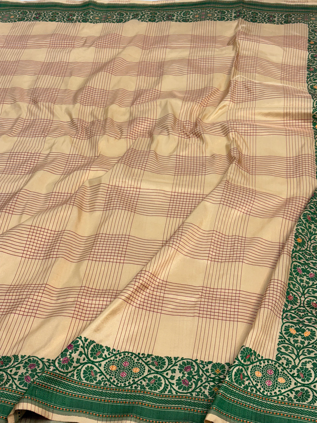 Ivory Handwoven Modern Checks Banarasi Katan Silk Saree with Resham Zari Katan Border